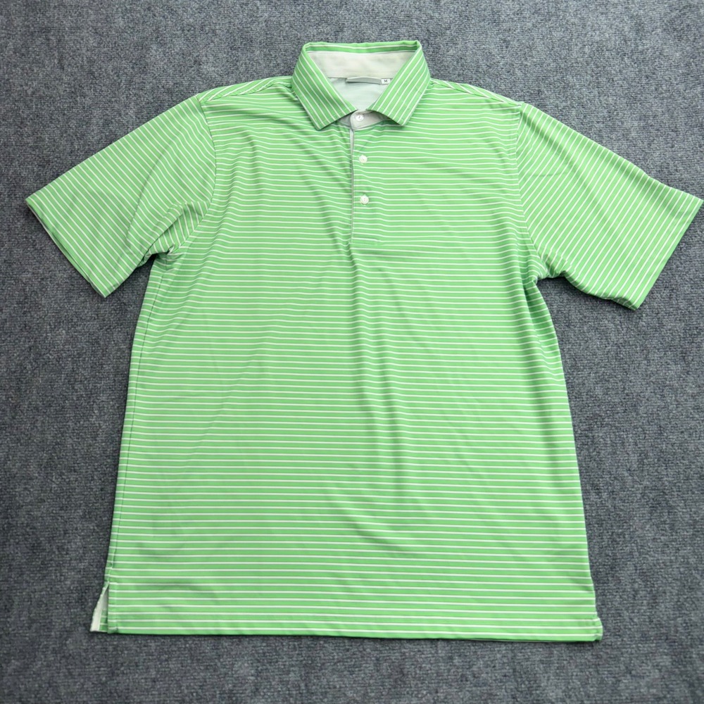 C Defoor Polo Shirt Mens Medium Green White Striped Performance Athletic Golf‎